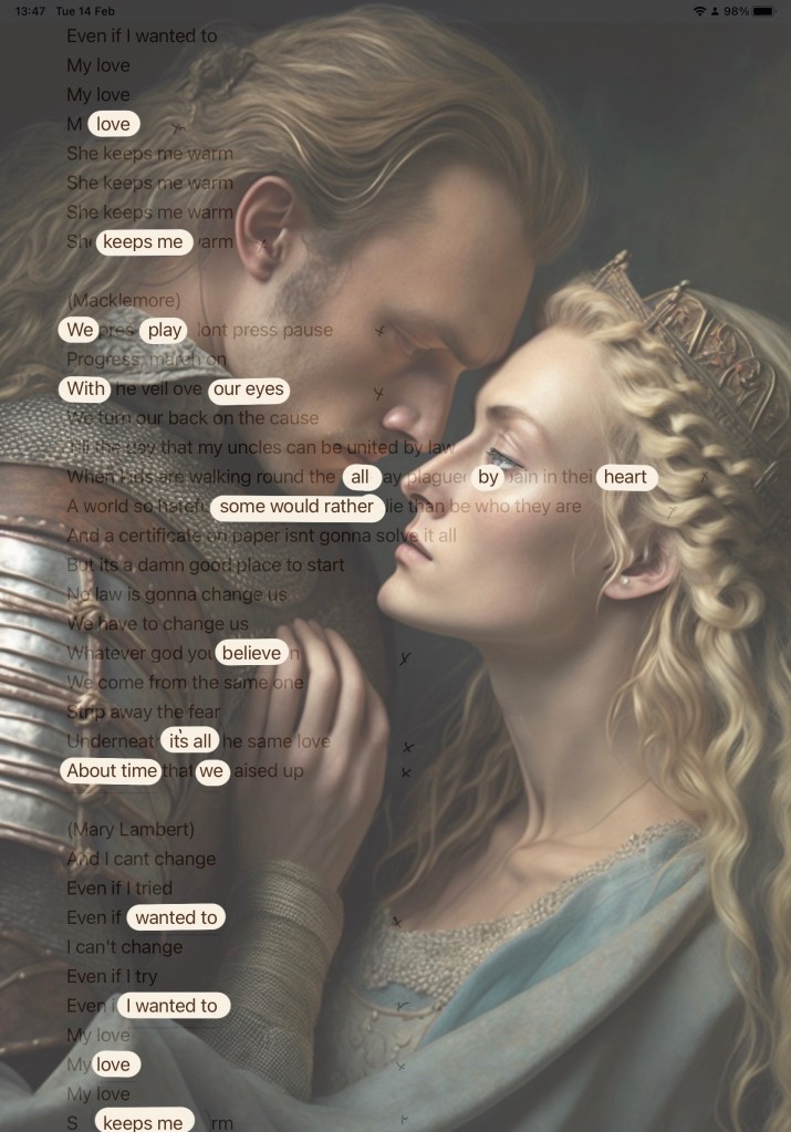 AI artwork layer of Tristan and Iseult over found poetry within the lyrics of Same Love.The text is below the image.