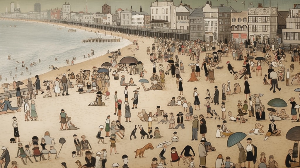 AI artwork, beach scene in the style of L.S. Lowry.