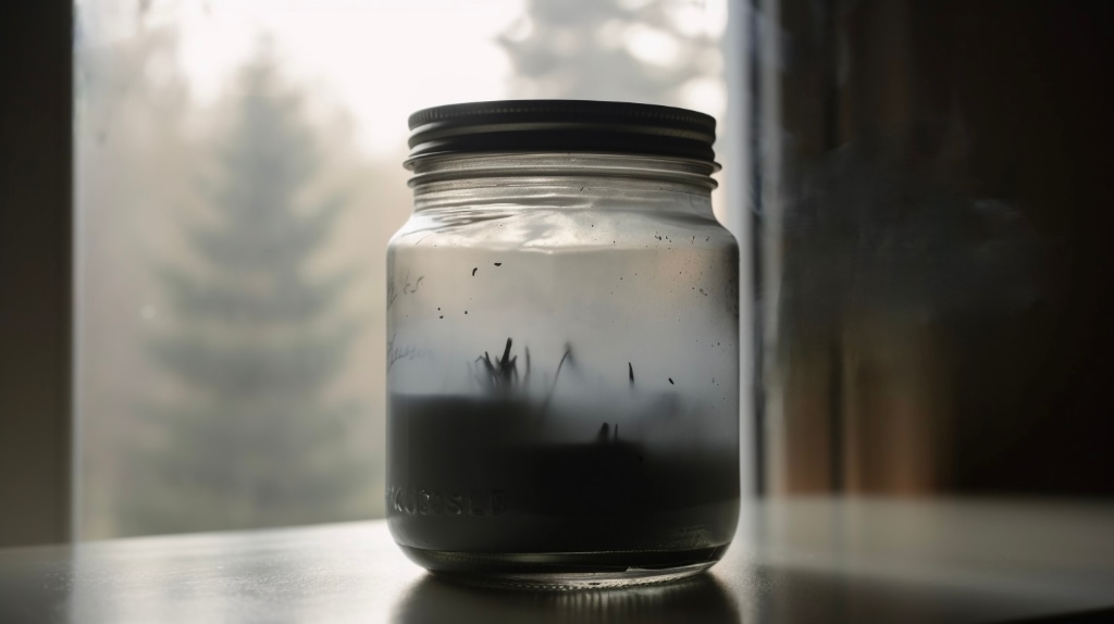 AI artwork: glass jar with smoke and vegetation inside