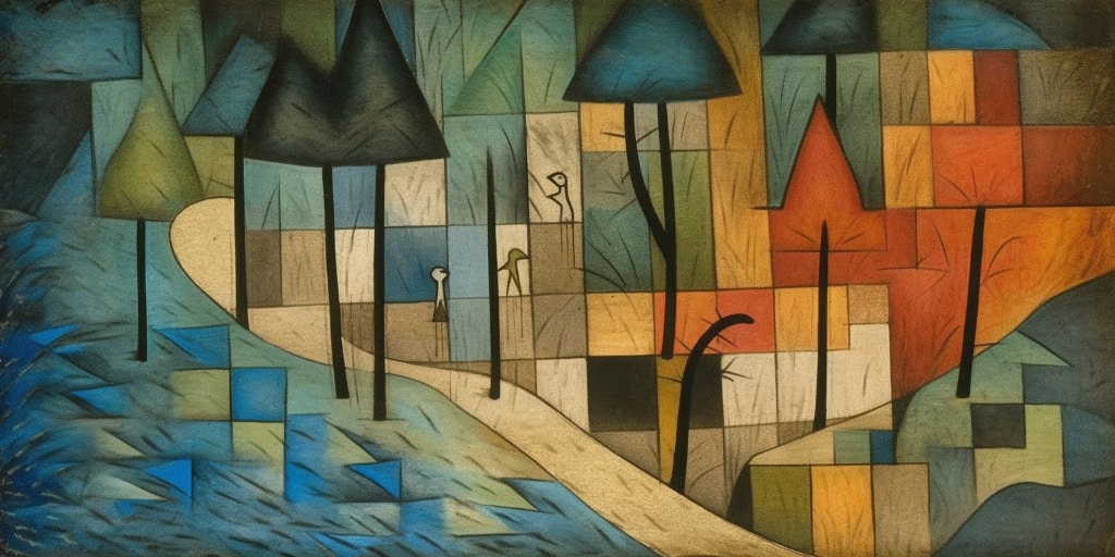 AI artwork: cubism, waterfall trees, people, in style of Paul Klee