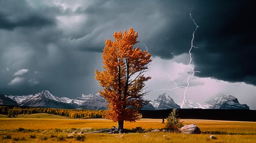 AI artwork: lightning striking the ground, dark storm clouds, and a single autumn colour tree