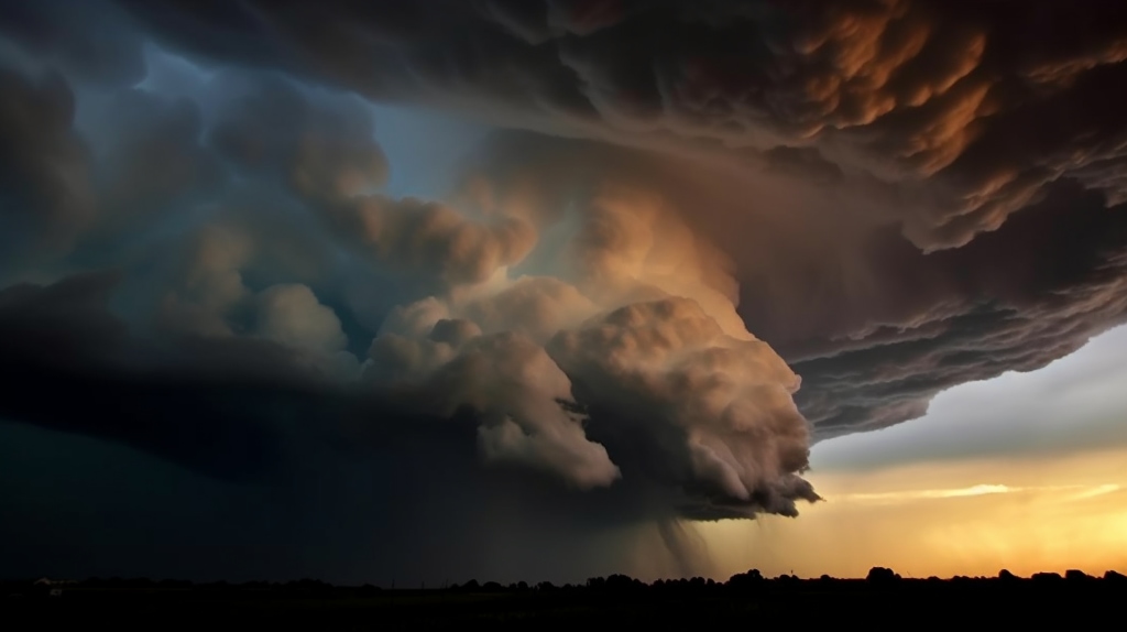 AI artwork: Outflow (Air that flows outward from a thunderstorm) stormy cloud and dramatic amber colour sky