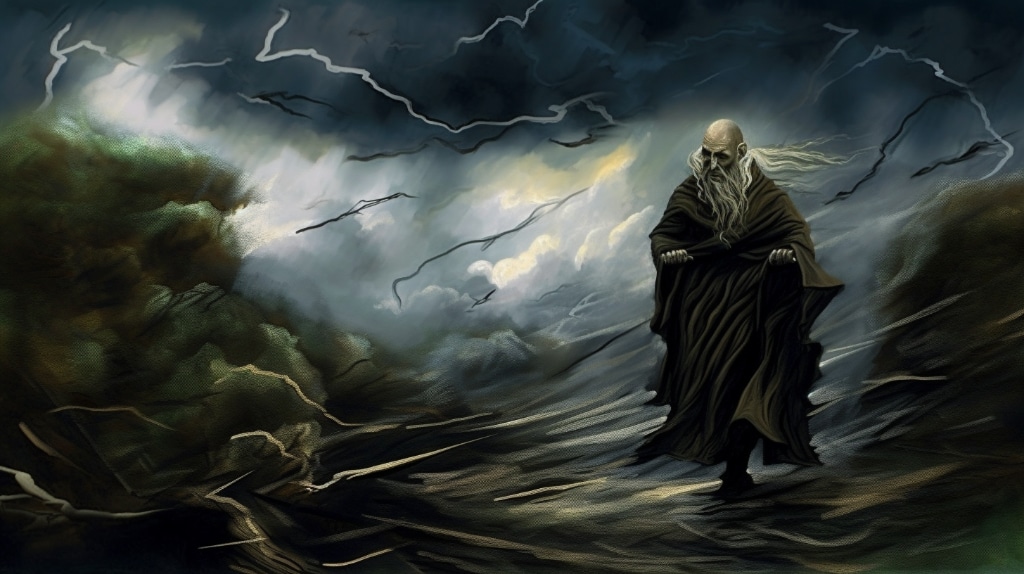 AI artwork, a monk walking through ground water and a water table underground