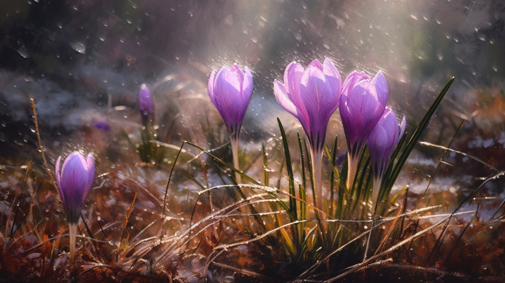 AI artwork, crocuses in a rain shower
