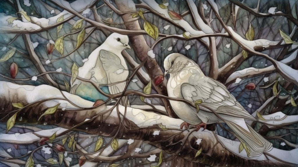 AI artwork: watercolour of two doves on snow-covered tree branch