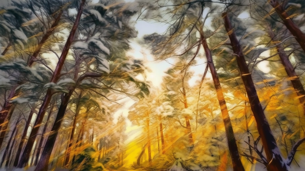 AI Artwork: pollen on the wind from snow covered pine trees