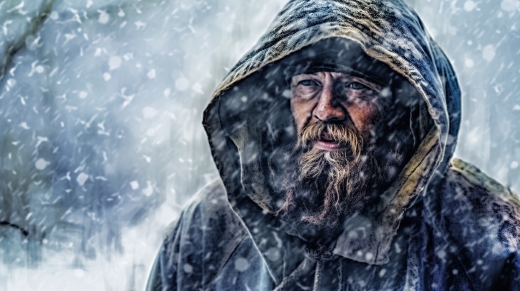 AI artwork: man wearing heavy winter clothing, walking in frozen drizzle and snowy weather.