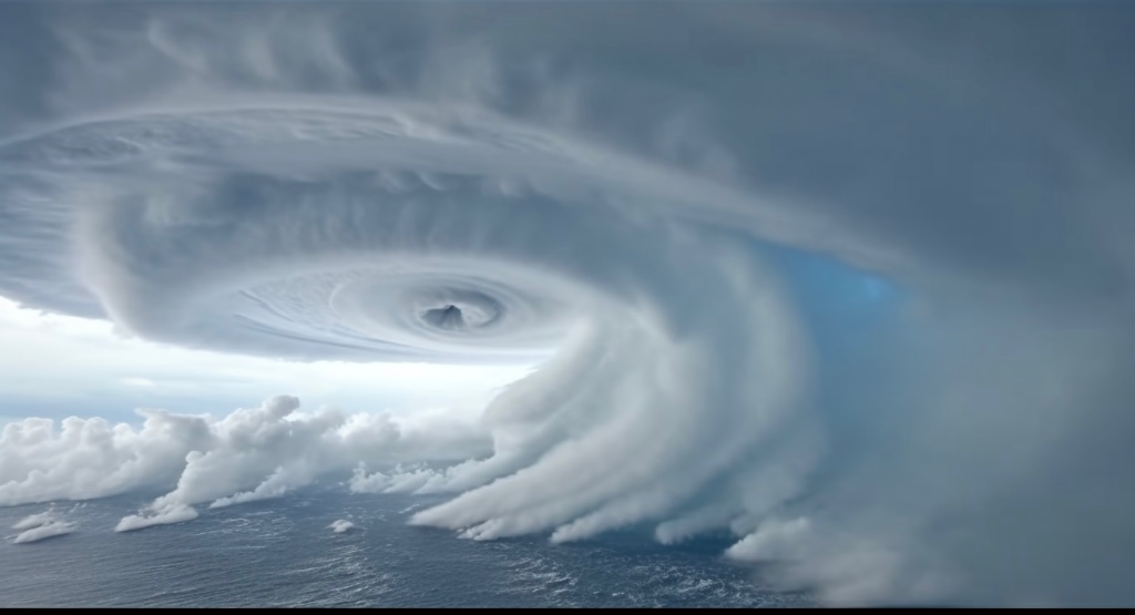 AI artwork: the eye of a hurricane over water, cloud formation.