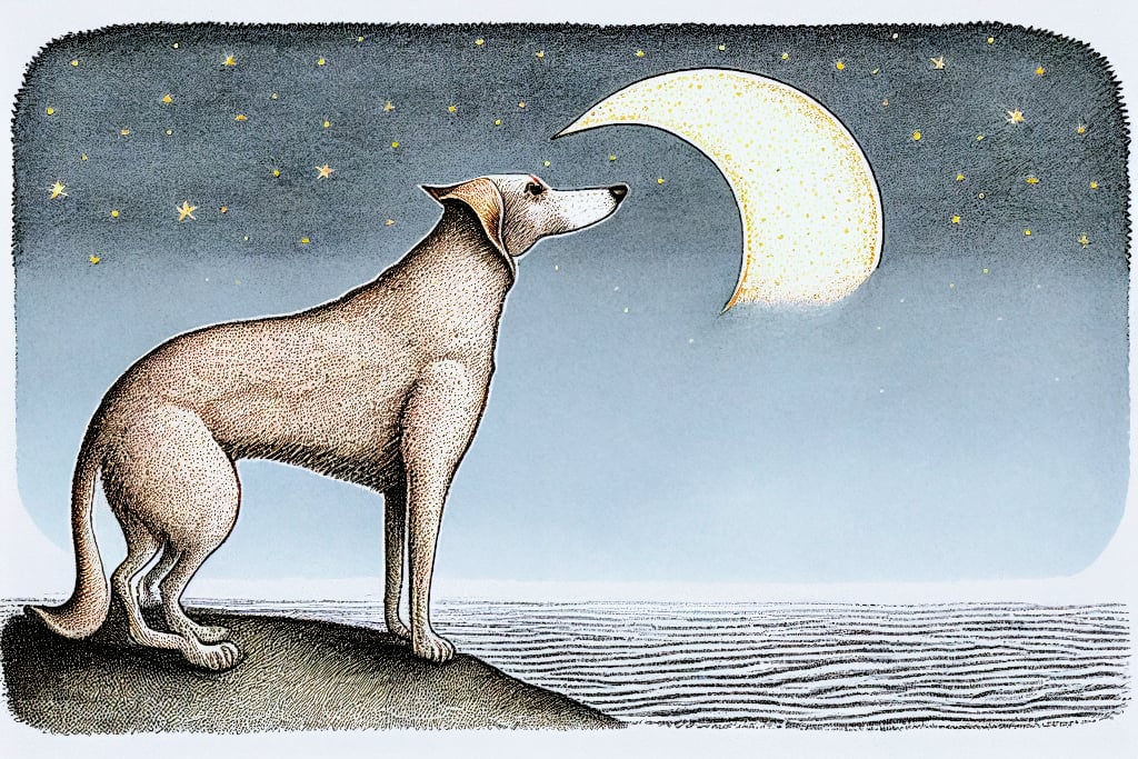 AI art. pencil sketch of dog looking at crescent moon.