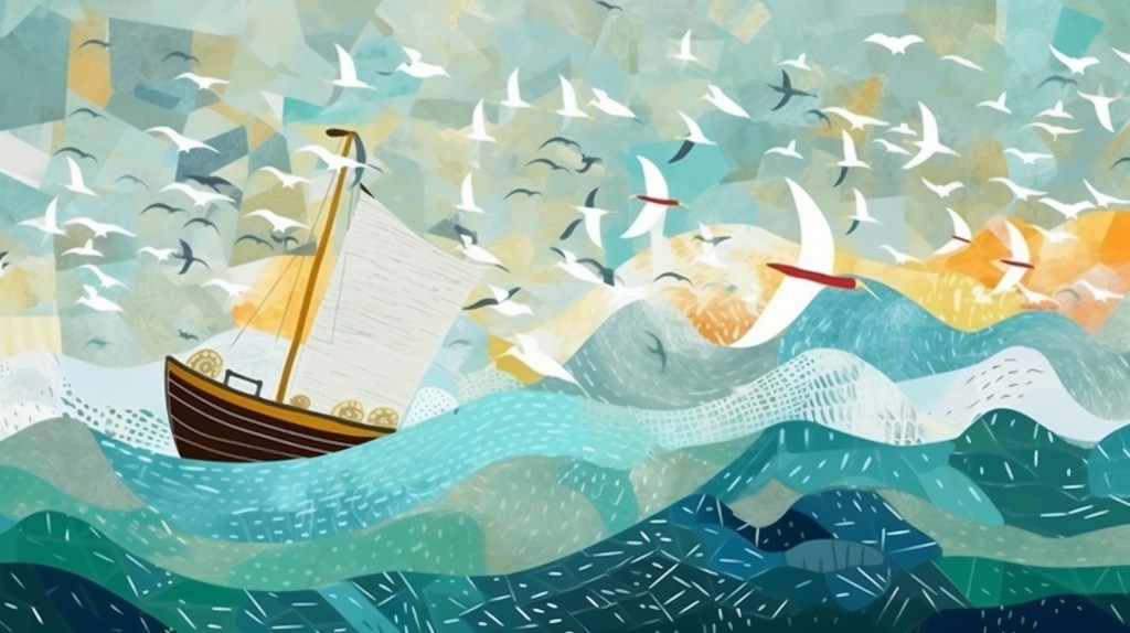 AI Art: a fishing boat on waves, seagulls flying above the boat.
