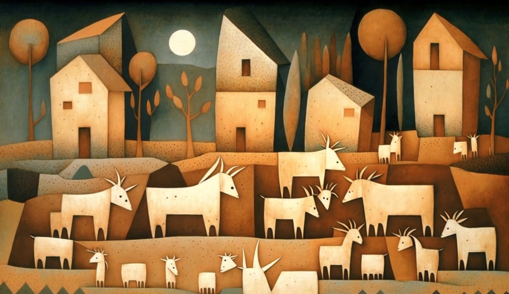 AI Artwork: cubism landscape of farm buildings with a herd of goats. In the style of Paul Klee
