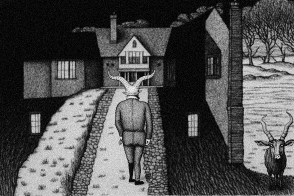 AI artwork: B&W drawing in the style of Edward Gorey. A satyr dressed in a suit, walking toward a house. A horned bull is looking at the reader.