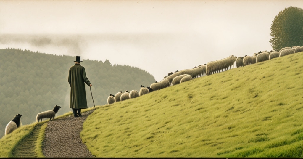 AI art. Shepherd with flock of sheep on a hillside.