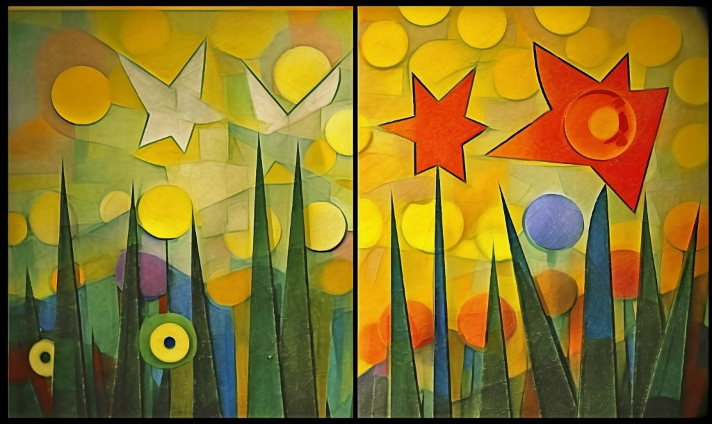 AI artwork, daffodils and tulips in cubism style, reds, yellow, blue and green