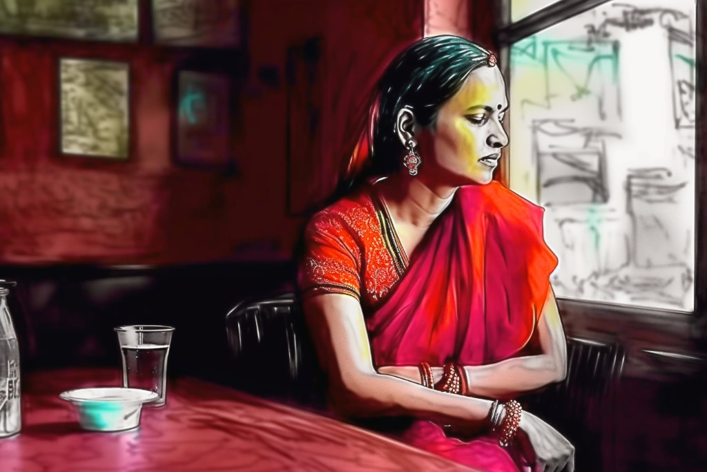 drawing of woman wearing red sari sitting in a cafe