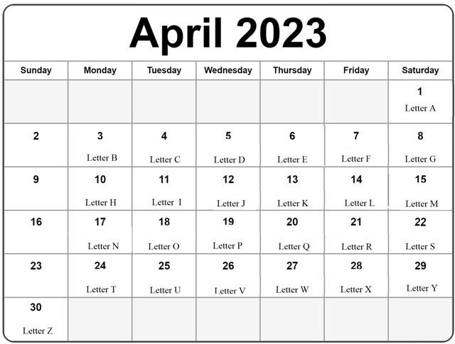 April calendar with prompt dates and letters