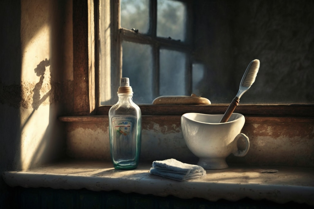 AI art: bathroom scene with toothbrush in a cup, towel, and tonic.