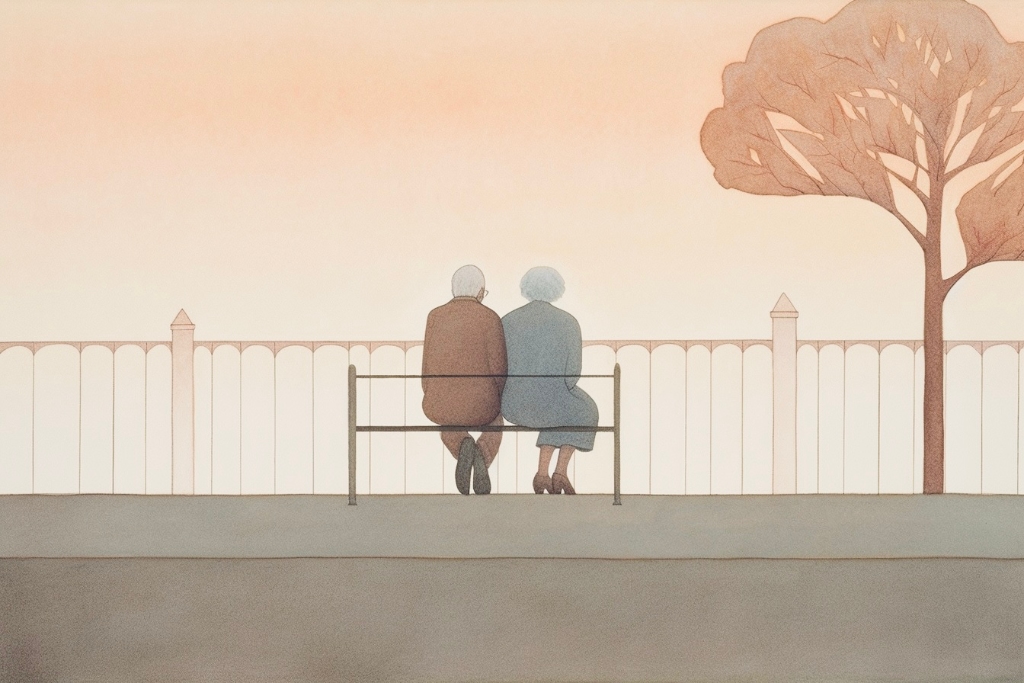 AI artwork, a elderly couple sitting on a bench
