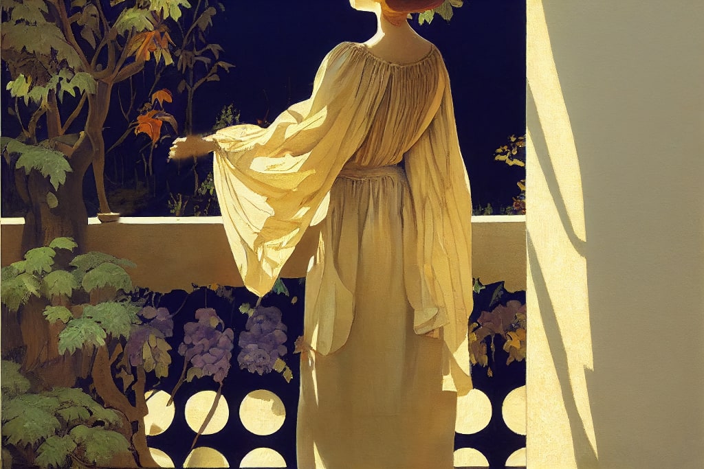 AI art. woman standing on terrace looking into garden