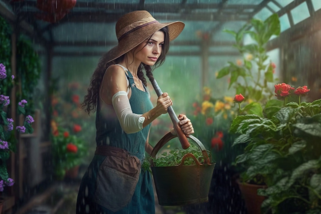 AI art woman gardening in the rain