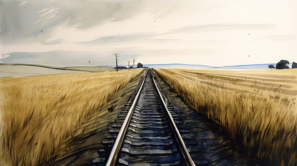 AI artwork: wheat fields and rail tracks to horizon