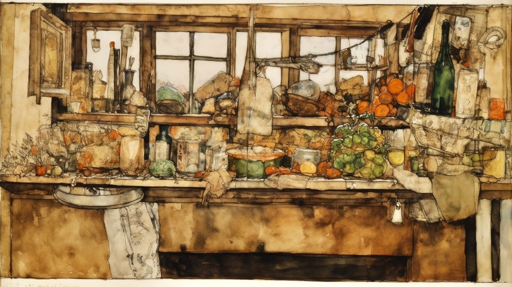 messy kitchen drawing and cluttered windowsill
