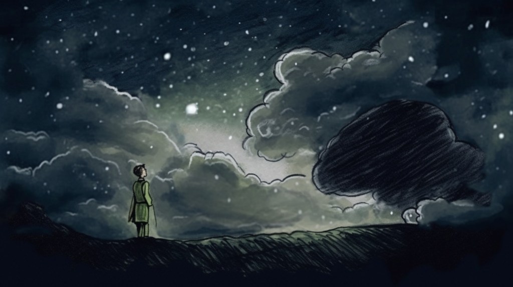 AI artwork in style of Edward Ardizzone. A cartoon of a person looking up at clouds and stars.
