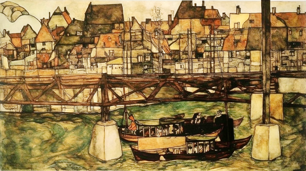 AI artwork: primitive style line drawing and wet watercolour of European city.