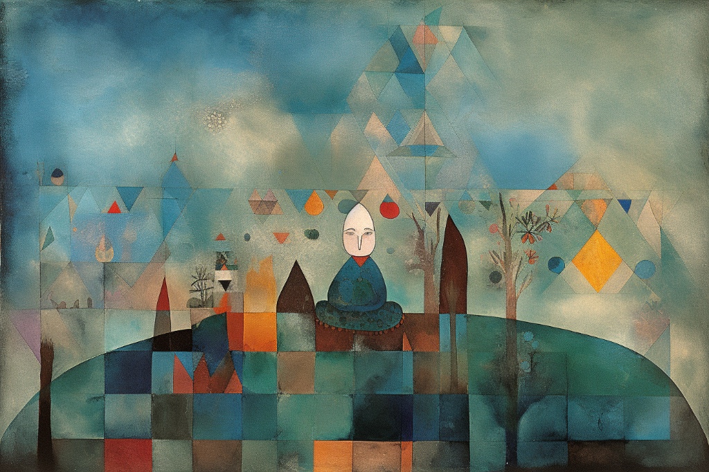 In style of Paul Klee, woman in the garden watching clouds