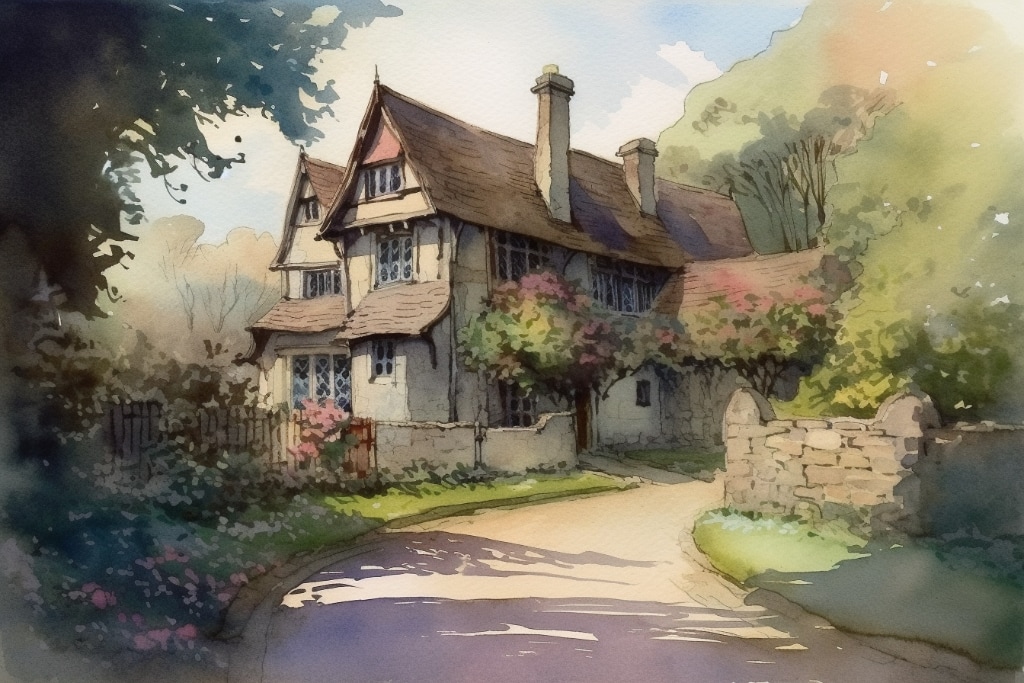 AI Art: old country house with gables and several chimneys,