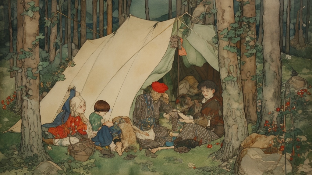 AI art: family camping in the forest in the style of a painting by Egon Schiele and Warwick Goble --ar 16:9 --v 5