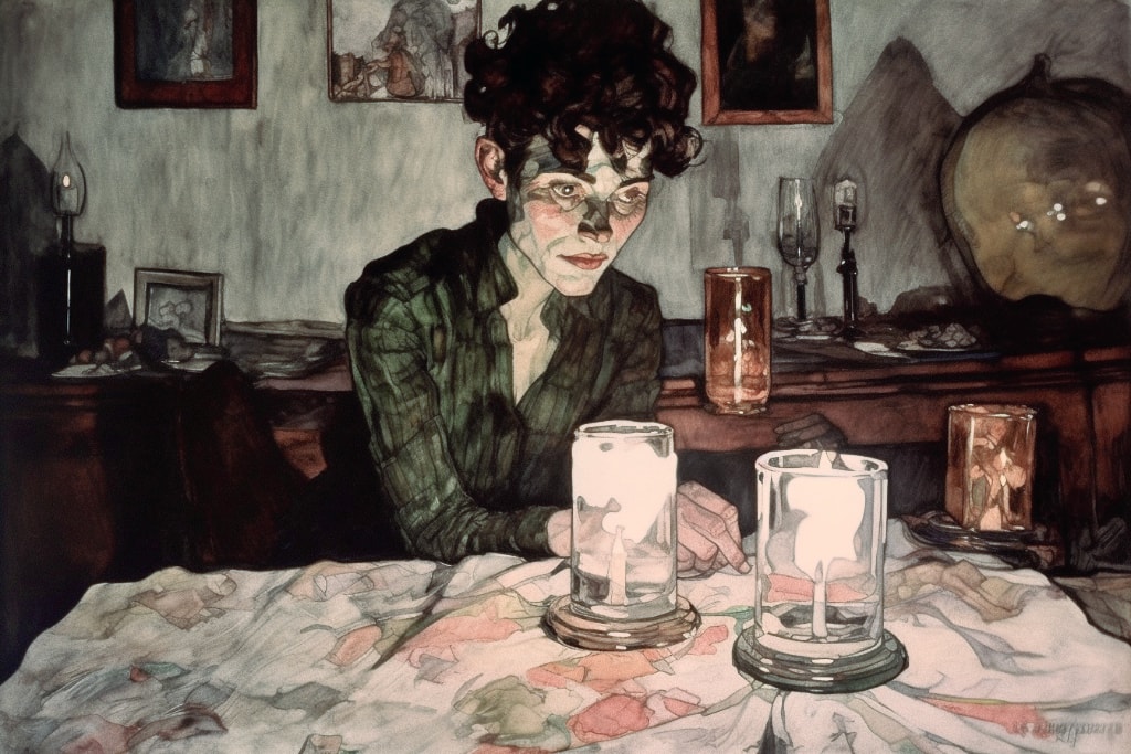 AI digital art, woman sitting at dining table, illuminated by tea lights.
