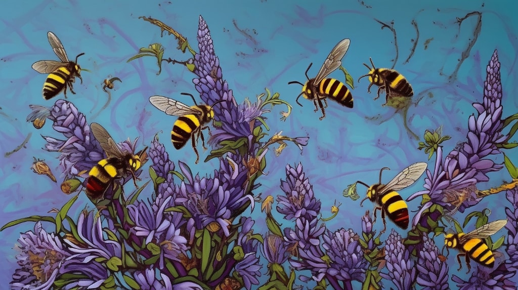 AI art: bees and lavender. Colours: blue, purple green, and bees yellow and black
