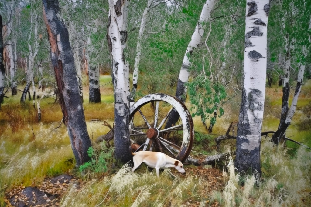AI digital art: birch forest in summer, old wagon wheel resting against a tree, and dog sniffing around the wheel.