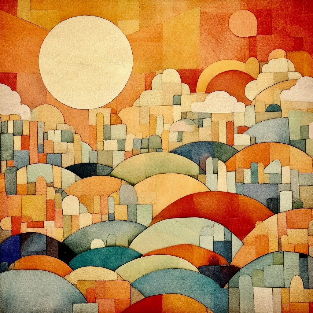 AI art: prompt words are Klee, sun and clouds. Abstract. Cubism. Orange and yellows.