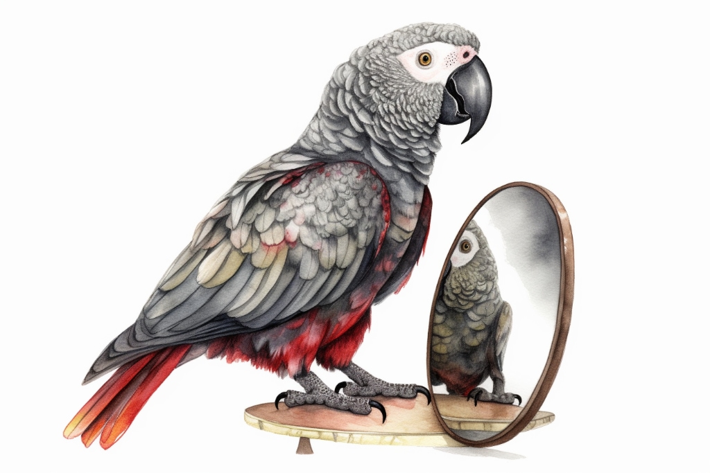 AI Art: an African Grey parrot looking at itself in a mirror
