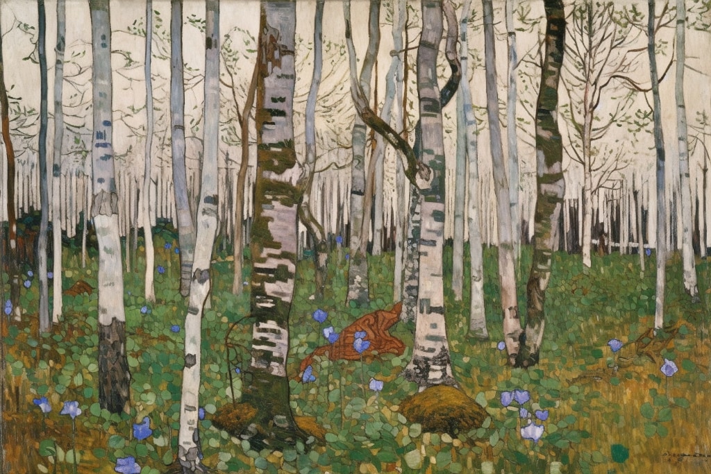 AI art: springtime in a birch tree forrest