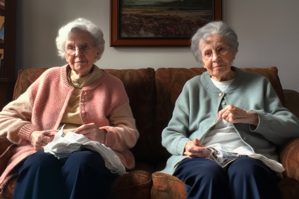 AI art: two elderly woman sitting on a sofa, knitting and watching TV