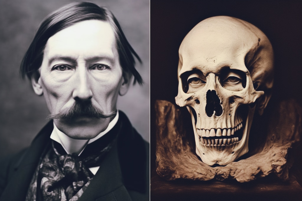 AI art: two portraits,a man and a skull, Victorian, AI's interpretation of skulduggery