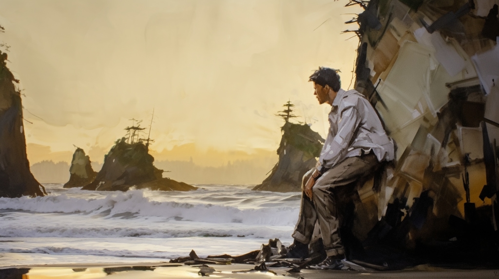 AI artwork, beach, hills, person looking out to sea, mute colours.