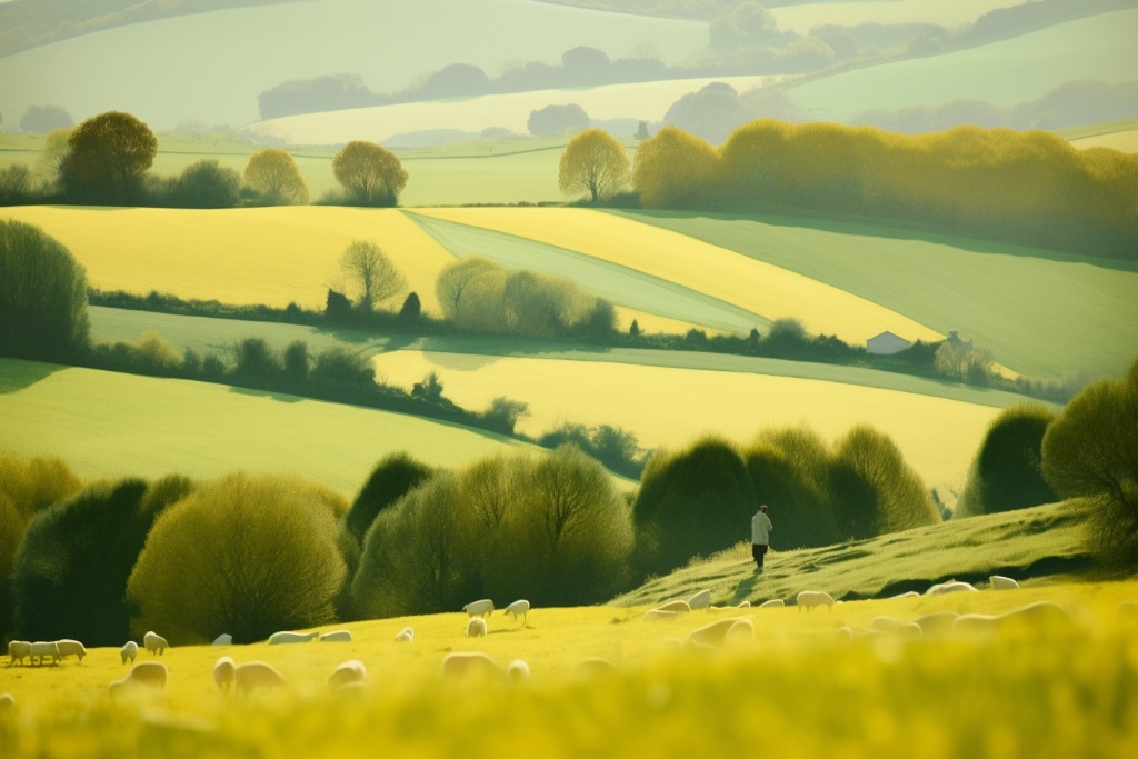 in the style of green and yellow rolling hills, sheep, watercolour painting, created by Midjourney.