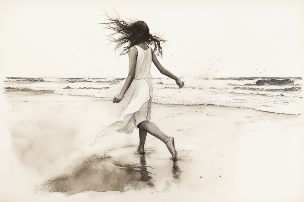 AI Artwork, girl running on the beach. Muted colours