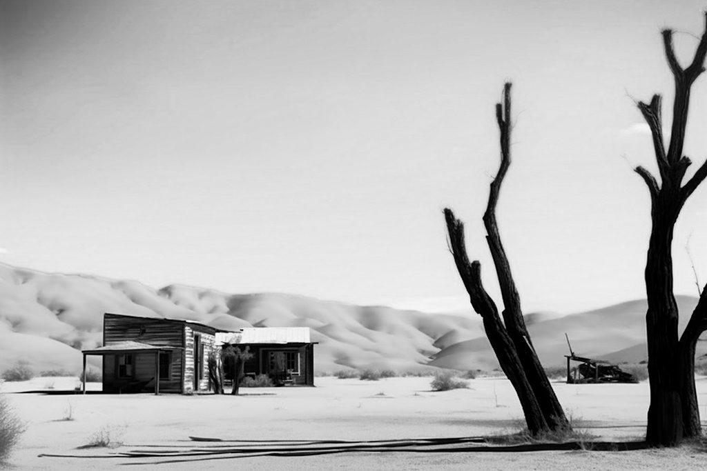 B&W desert scene, dead trees and old building in ruins