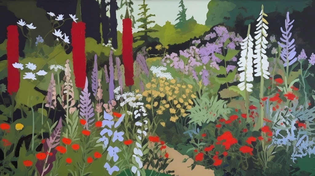painting of lupins, foxgloves, poppies, trees in the background, in style of Robert Motherwell.