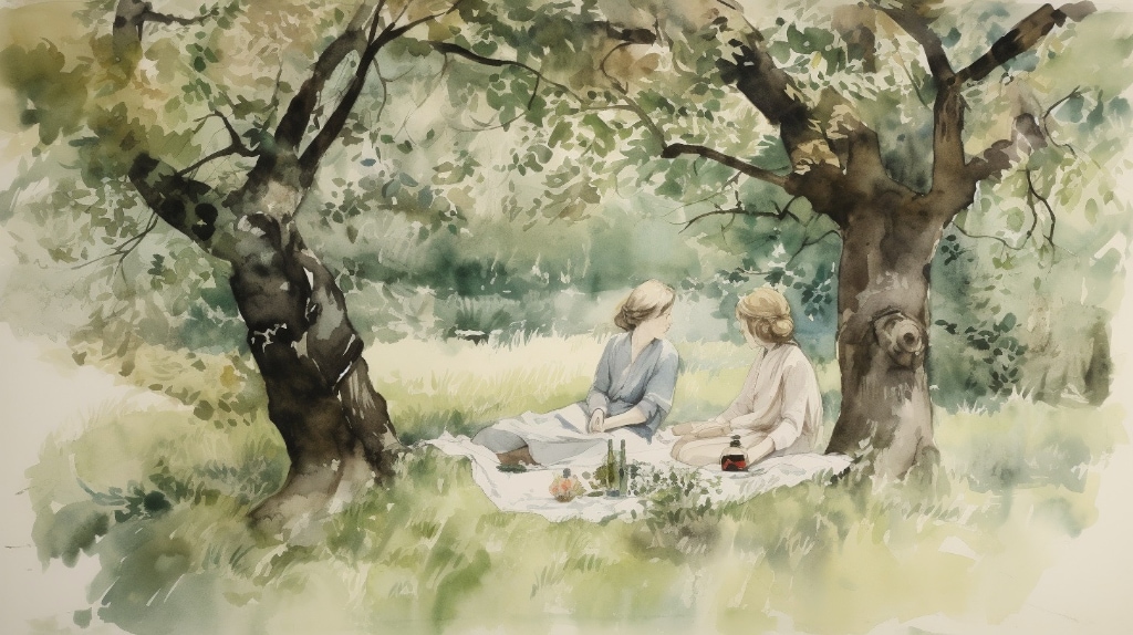watercolour painting of two women sitting under a tree having a picnic. summer scene, green leafy