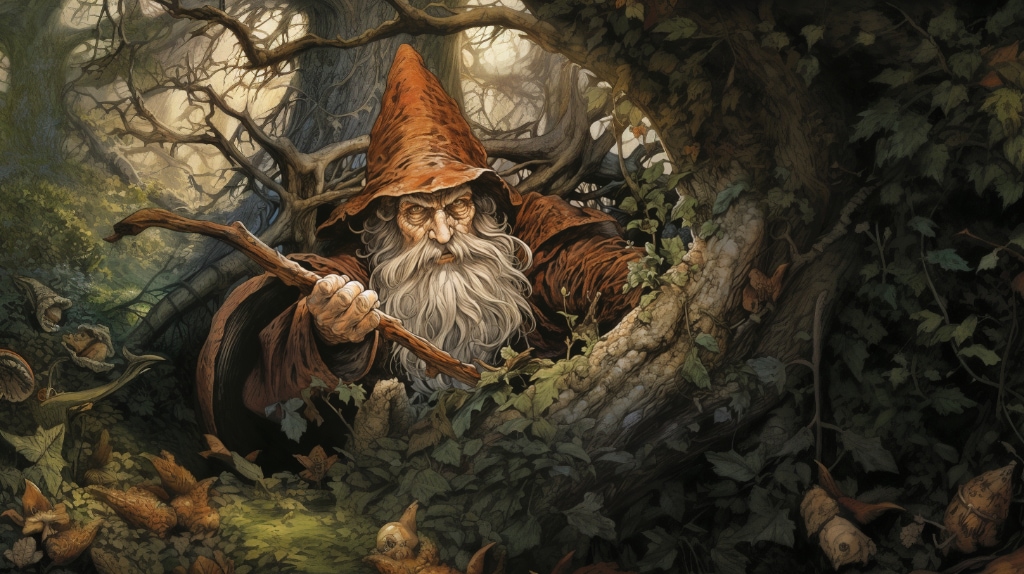AI artwork: a sorcerer-looking old man with a long beard in the forest