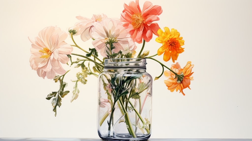AI Artwork, cut flowers, pink, orange,  in the clear glass jam jar. 