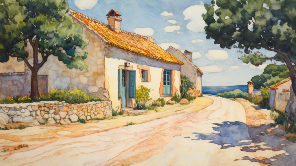 AI Midjourney artwork. Painting of a French village in the Route de Fleurie. Houses, dirt road, dust, heatwave