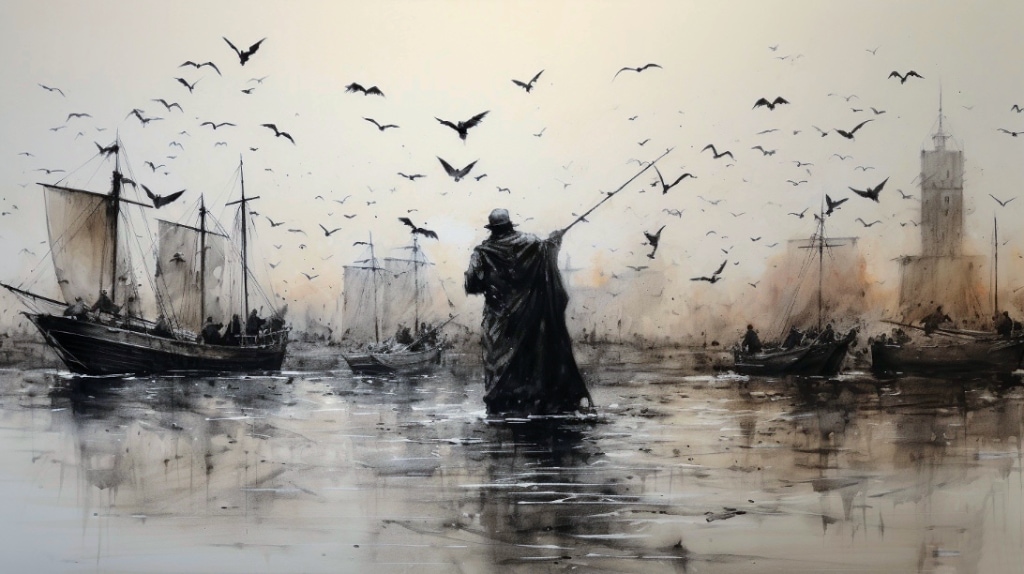 AI artwork: man wearing an oversized dark coat, wielding a sword, standing knee-deep in water (ships in harbour), flocks of birds in the sky, cityscape in the background.