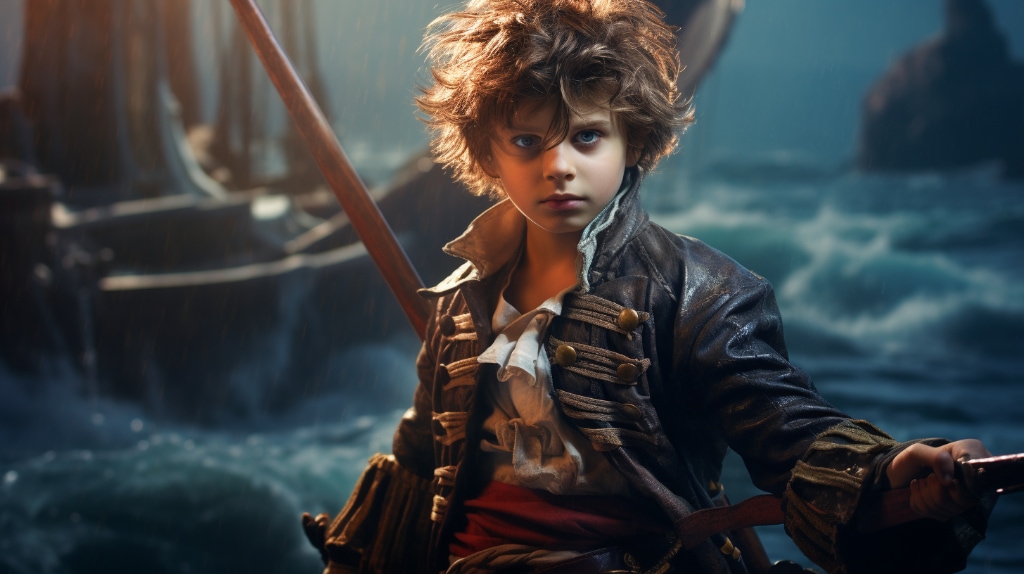AI Art: a boy dressed as a pirate, play pretend on a ship at sea. 